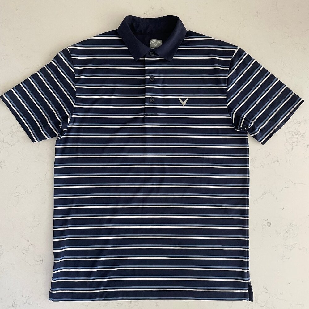Callaway SS Opti Dri Striped 3 Button Poly Blend Polo Golf Shirt Blue White Sz S